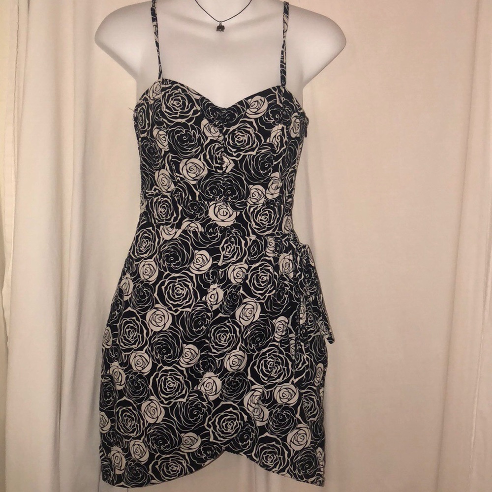 Navy/White Floral Rosette Front Slit Dress